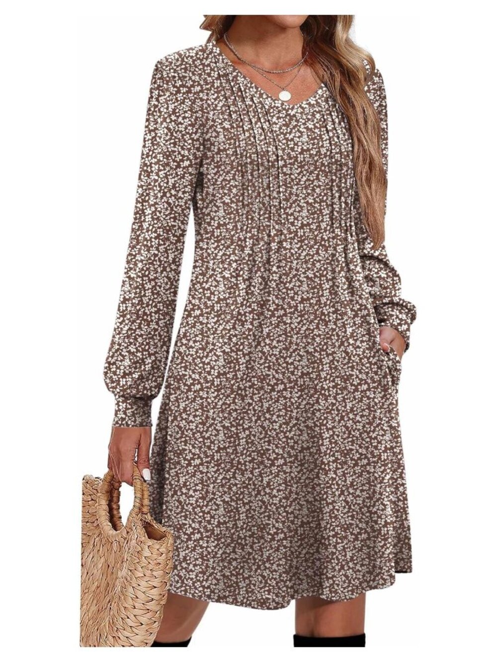 Zeagoo Long Sleeve Pleated V Neck A Line Tunic Dress 95% Polyester 5% Spandex